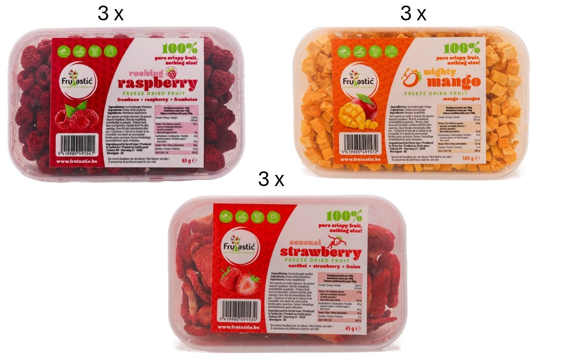 Frutastic pack mixte lyophilisé 3 fraise + 3 mangue + 3 framboise 645 g