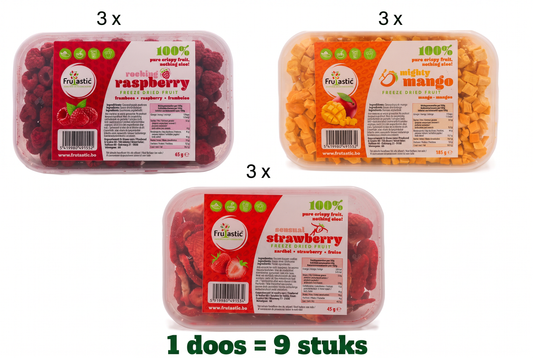 Gevriesdroogd mixpakket 3 aardbei + 3 mango + 3 framboos 645 g